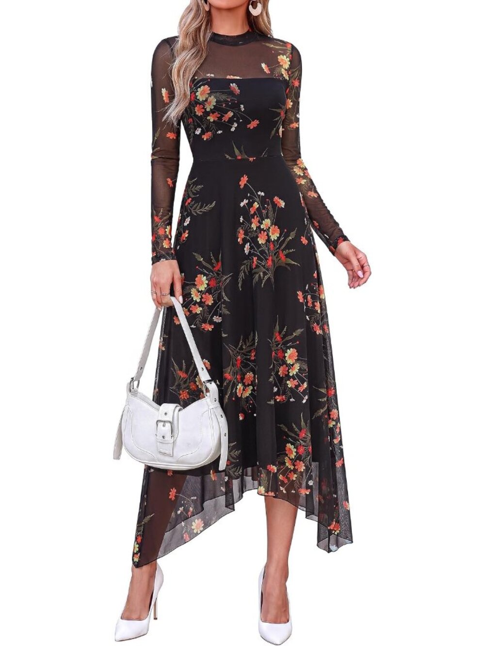 Elegant Floral Mesh Midi Dress for Women